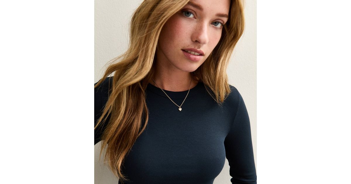 Navy Long Sleeve Ribbed Crew Neck Top | New Look | New Look (UK)