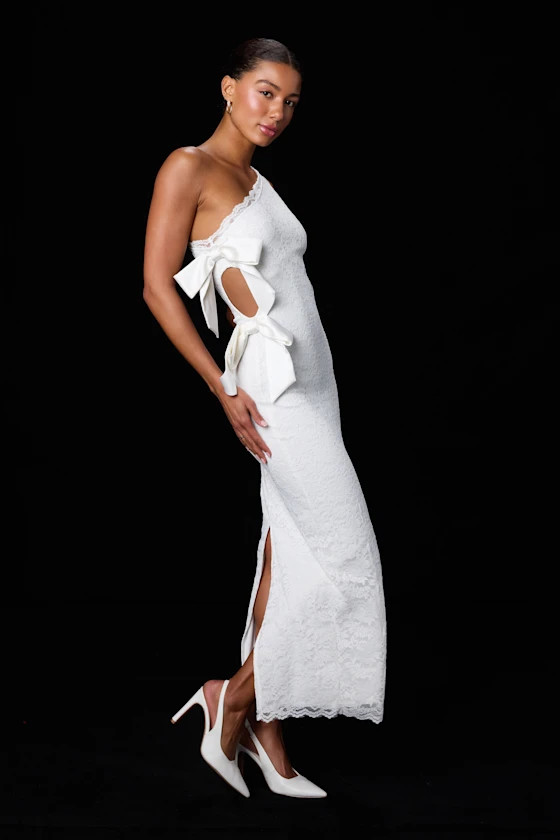 Sophie White Lace One-Shoulder Bow Column Maxi Dress | white dress bridal | Lulus