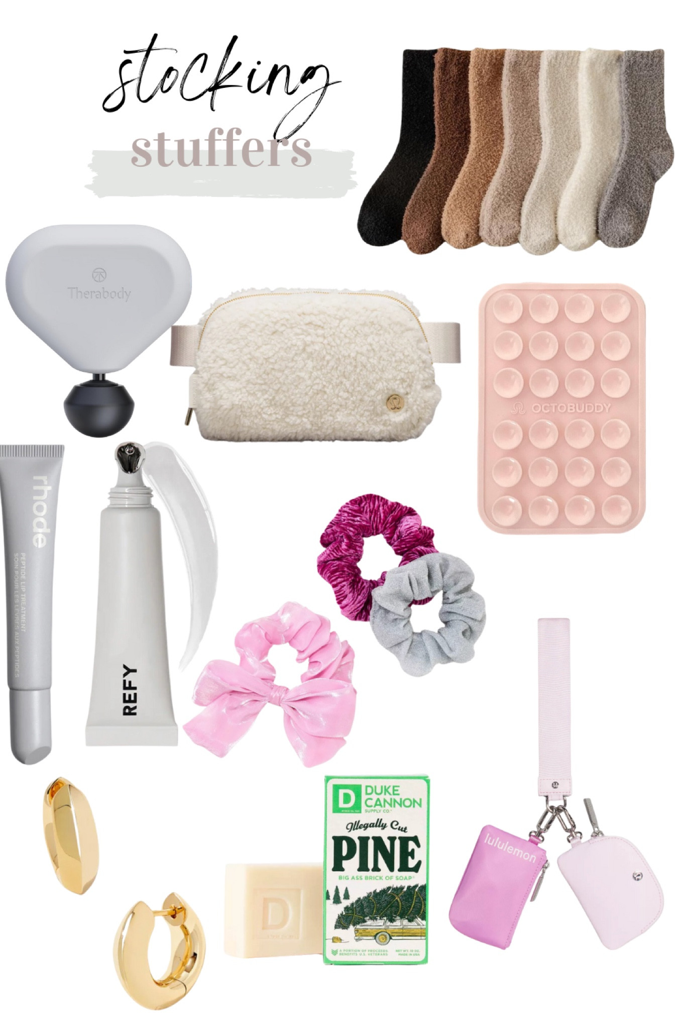 Stocking stuffers, octobuddy, theragun, Refy, rhode, scrunchies, lululemon, fuzzy socks, belt bag, bar soap, gold hoops 

#LTKHoliday #LTKSeasonal #LTKGiftGuide