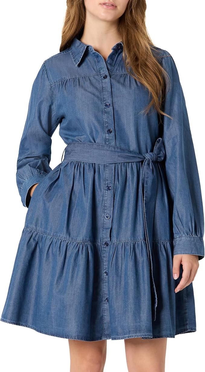 Amazon Essentials Women's Fit and Flare Denim Chambray Long-Sleeve Tiered Shirtdress | Amazon (US)