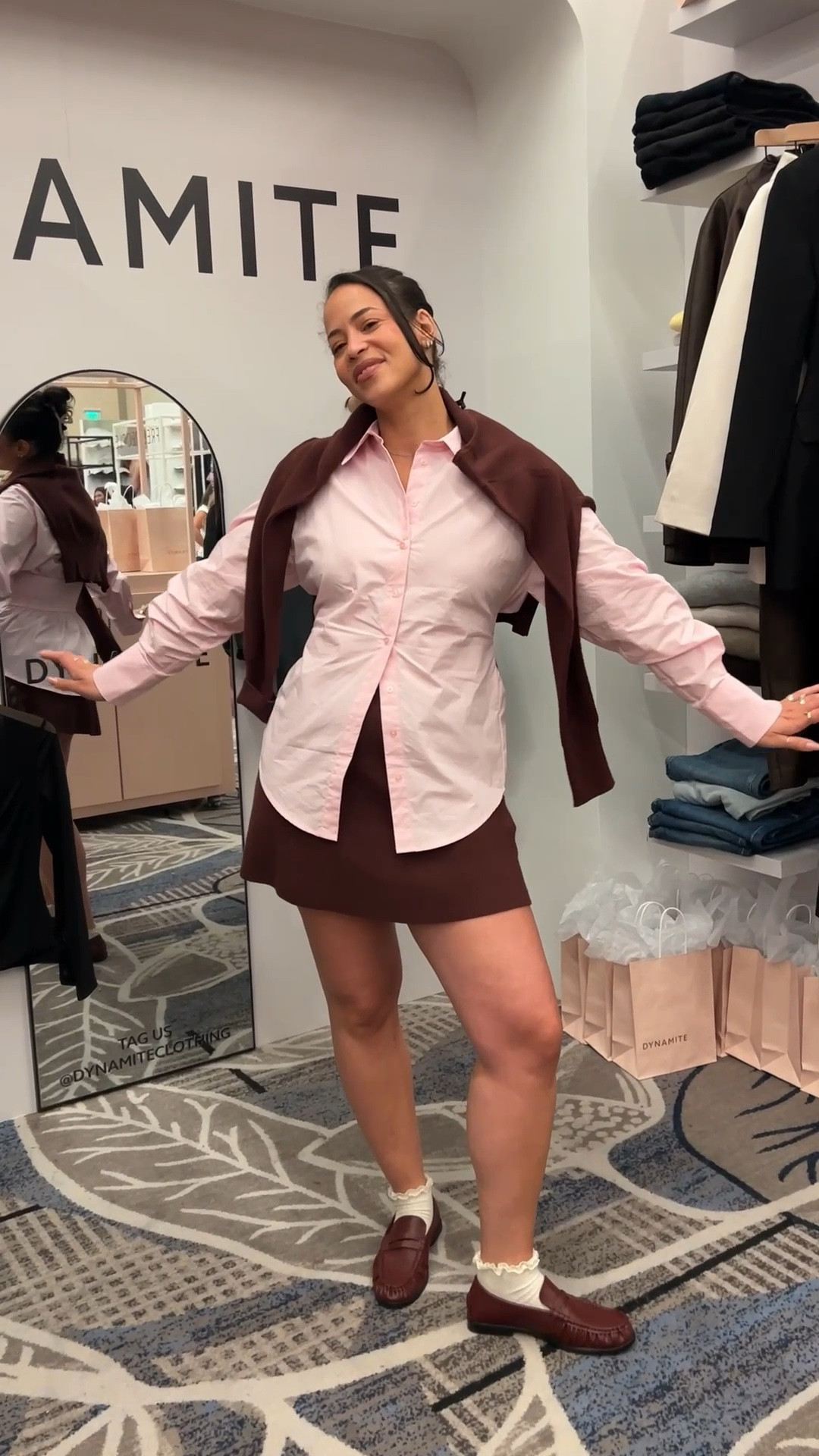 My girl Ginger with a great color combo for fall! Pink cinched waist button up shirt, brown satin skirt and a brown sweater  

#LTKCon #LTKStyleTip #LTKFindsUnder100