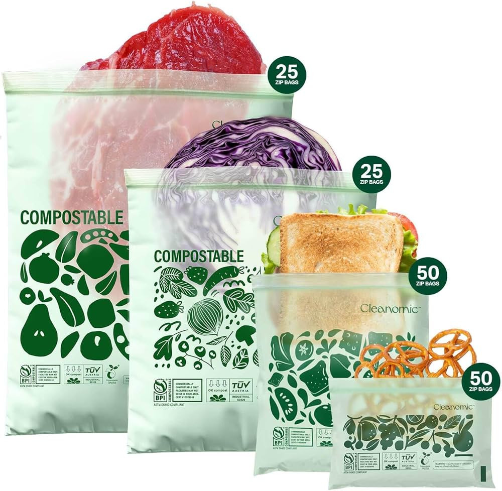 Cleanomic Compostable* Food Storage Bag Bundle – 1 Box Each of 25 Zip Quart Bags, 25 Zip Sandwi... | Amazon (US)