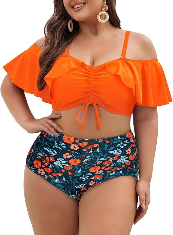 Hanna Nikole Plus-Size-Bikini Curvy Women Ruffle Drawstring Swimsuit 2 Piece Bathing Suit Ruched ... | Amazon (US)