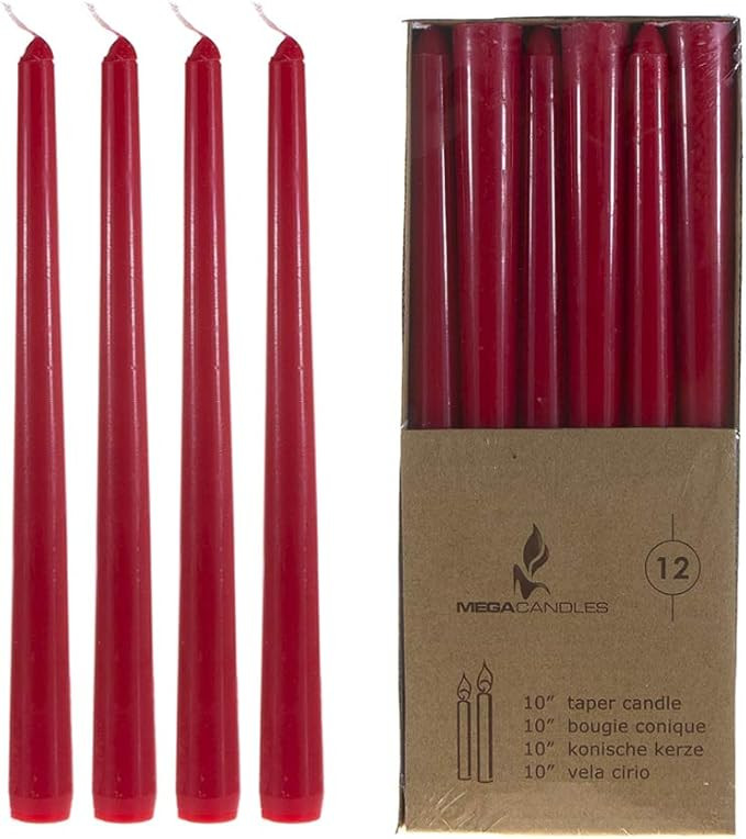 Mega Candles 12 pcs Unscented Red Taper Candle, Hand Poured Wax Candles 10 Inch x 7/8 Inch, Home ... | Amazon (US)