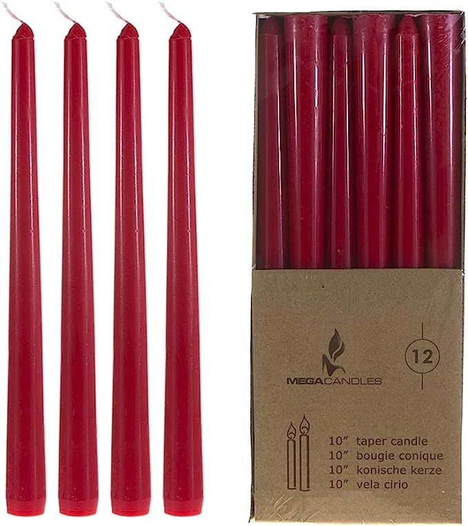 Mega Candles 12 pcs Unscented Red Taper Candle, Hand Poured Wax Candles 10 Inch x 7/8 Inch, Home ... | Amazon (US)