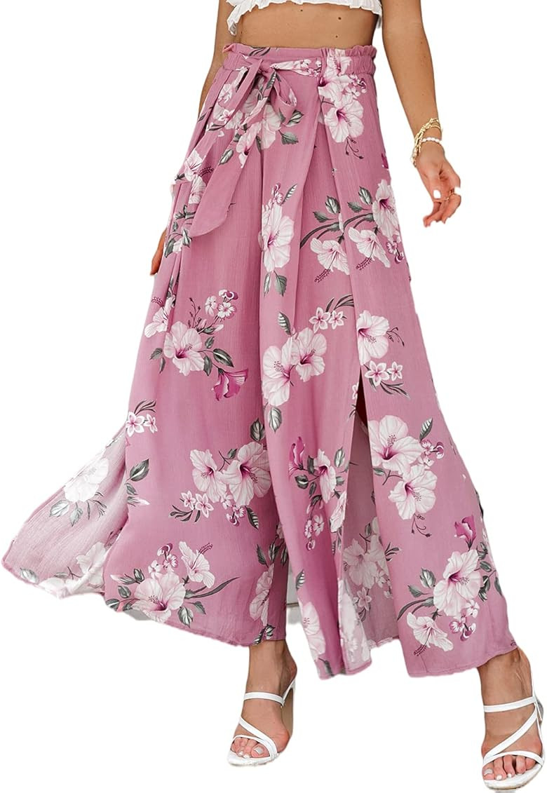 Simplee Women's Elegant Striped Split High Waisted Belted Flowy Wide Leg Pants | Amazon (US)