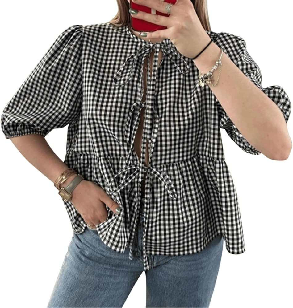 Front Tie Tops for Women Y2K Puff Short Sleeve Bow Tie Peplum Shirts Cute Lace Up Blouse Ruffle H... | Amazon (US)