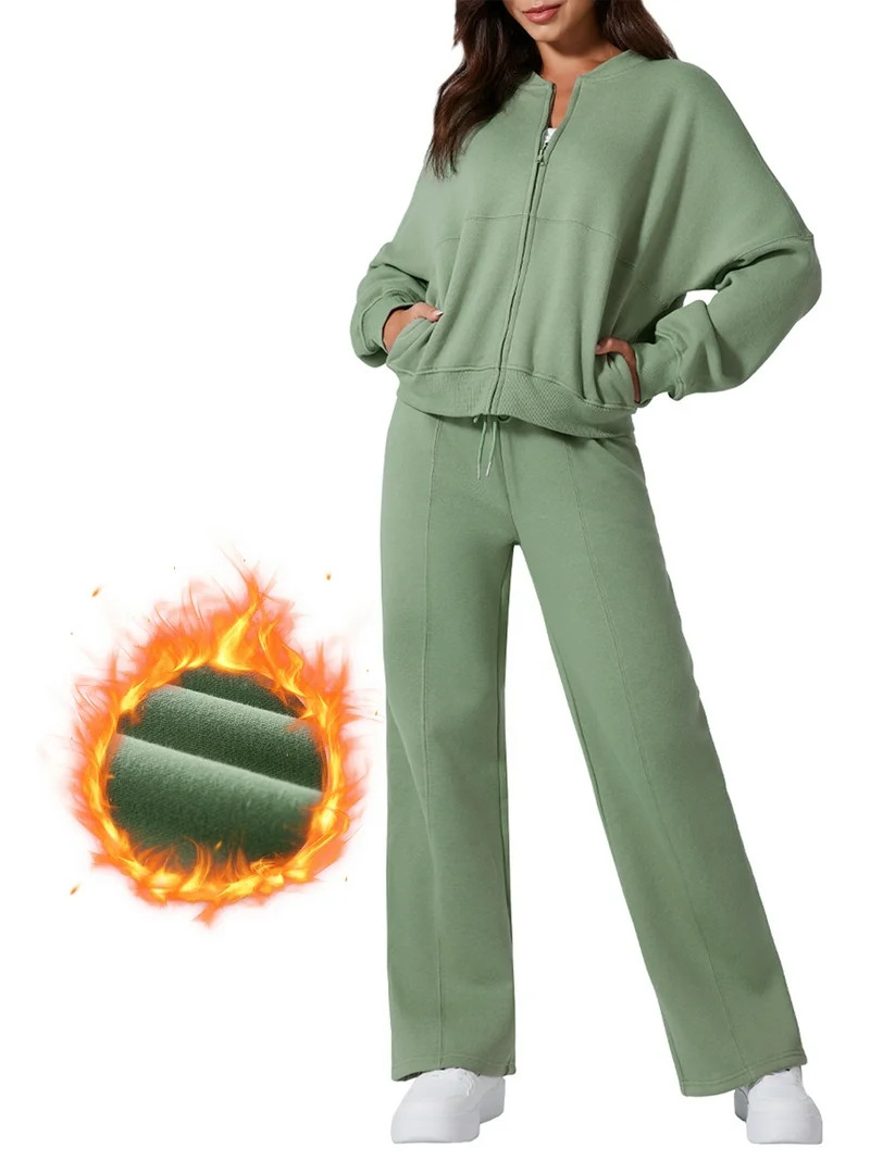 DOKOTOO 2 Piece Outfit for Women Lounge Sets Fleece Lining Long Sleeve Zip up Sweatshirt Wide Leg... | Walmart (US)