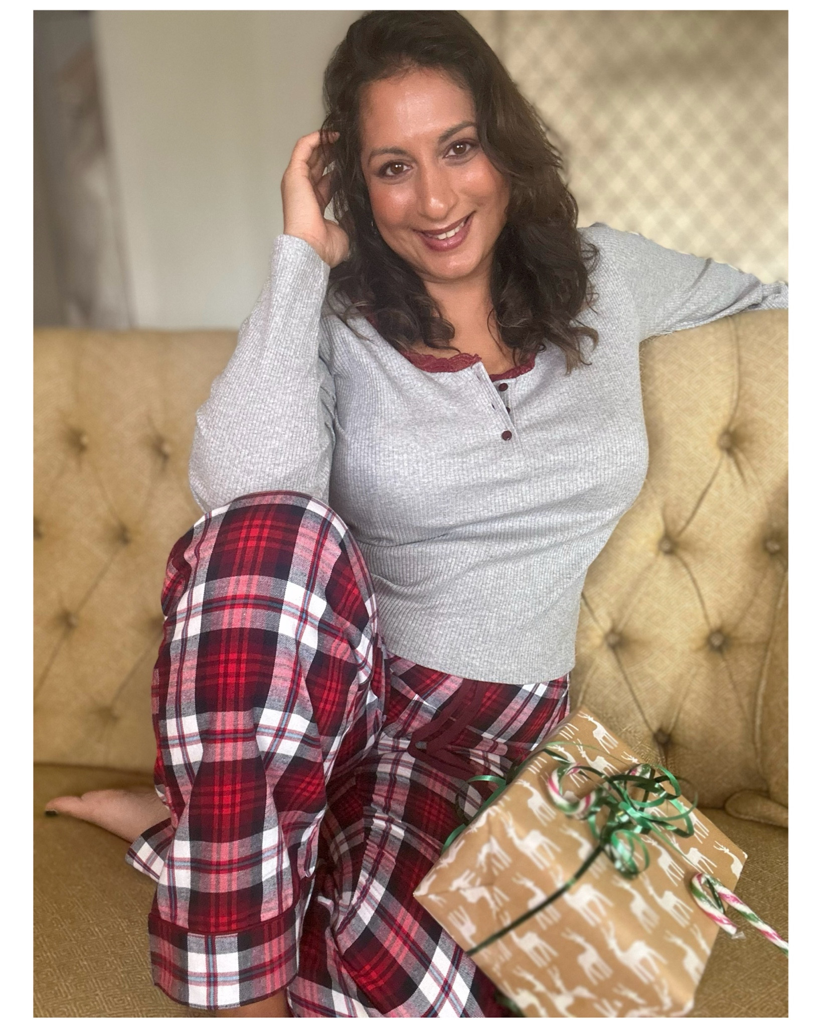 Rib Jersey Lace Trim Henley Top & Check Trouser Pyjama Set - 