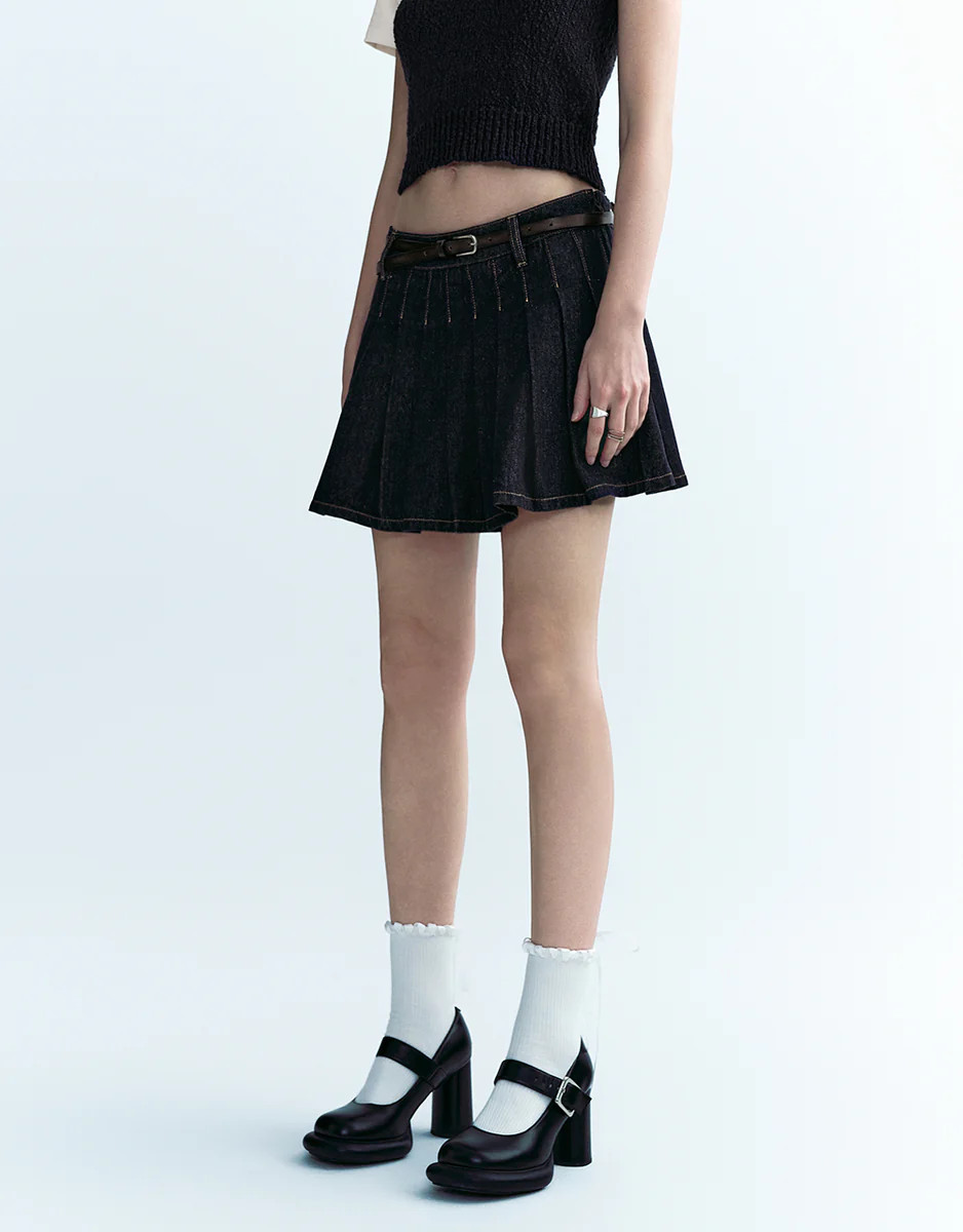 Pleated Mini Denim Skirt | Urban Revivo