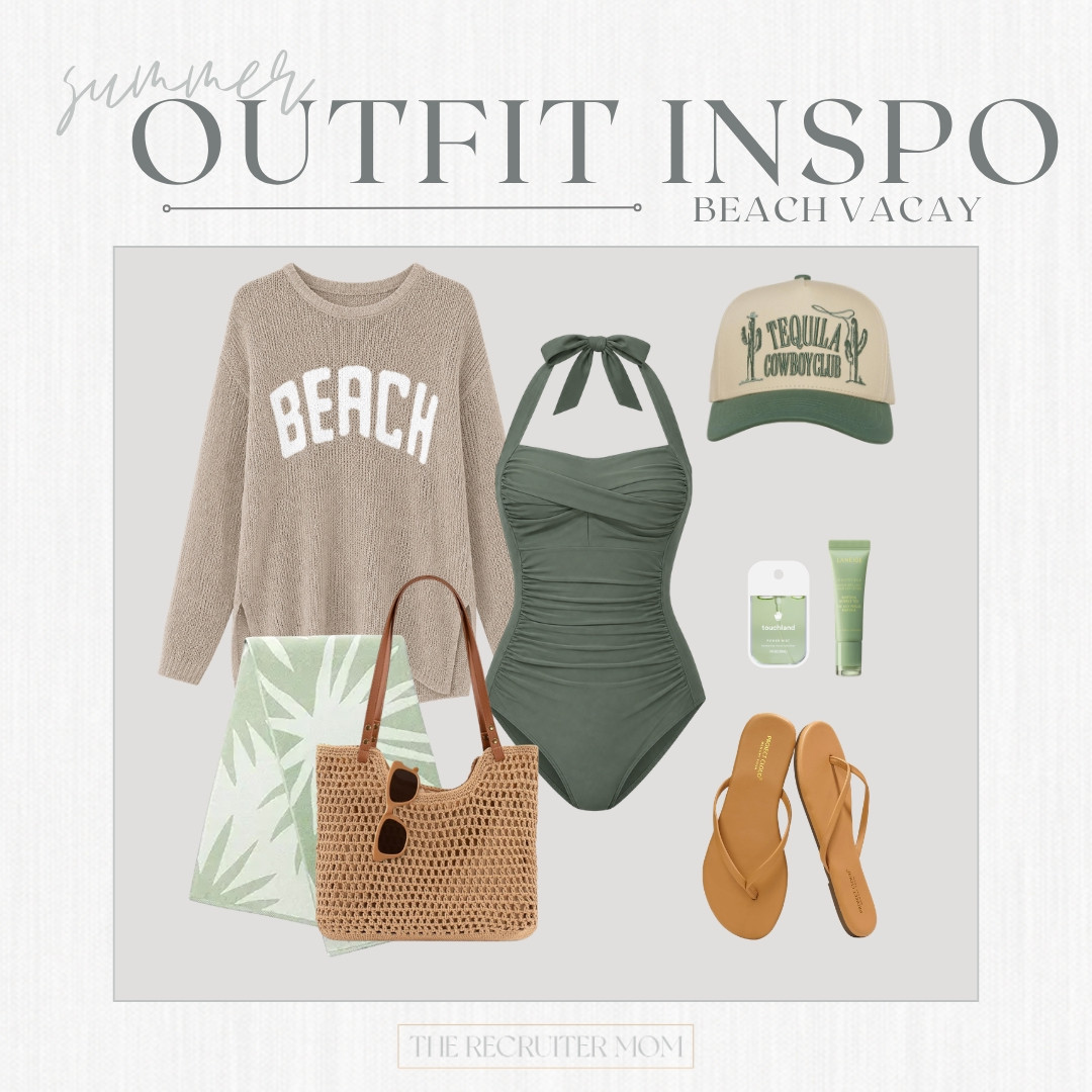 Beach vacay outfit with a flattering olive swimsuit, cozy beach sweater, woven tote, and easy neutral flip flops 🌴

#LTKTravel #LTKSwim #LTKSeasonal #LTKOver40 #LTKMidsize