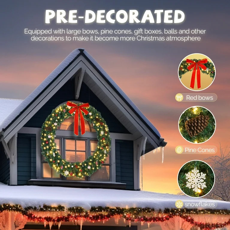 Ktaxon 60in Outdoor Christmas Wreath PVC Bow Decoration 220 Lights LED Garden Garland Decoration ... | Walmart (US)