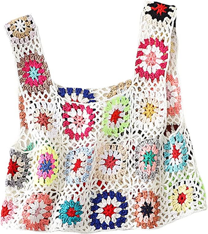 Women's Summer Crochet Tank Top Colorful Floral Embroidery Knit Vest Tops Boho Camisole Beachwear | Amazon (US)
