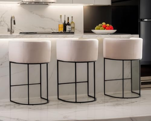 RIVOVA Contemporary Cream Linen Bar Stools Set of 3, 29" Upholstered Fabric Counter Height Barstools Kitchen Counter Island Stools with Black Metal Base | Amazon (US)