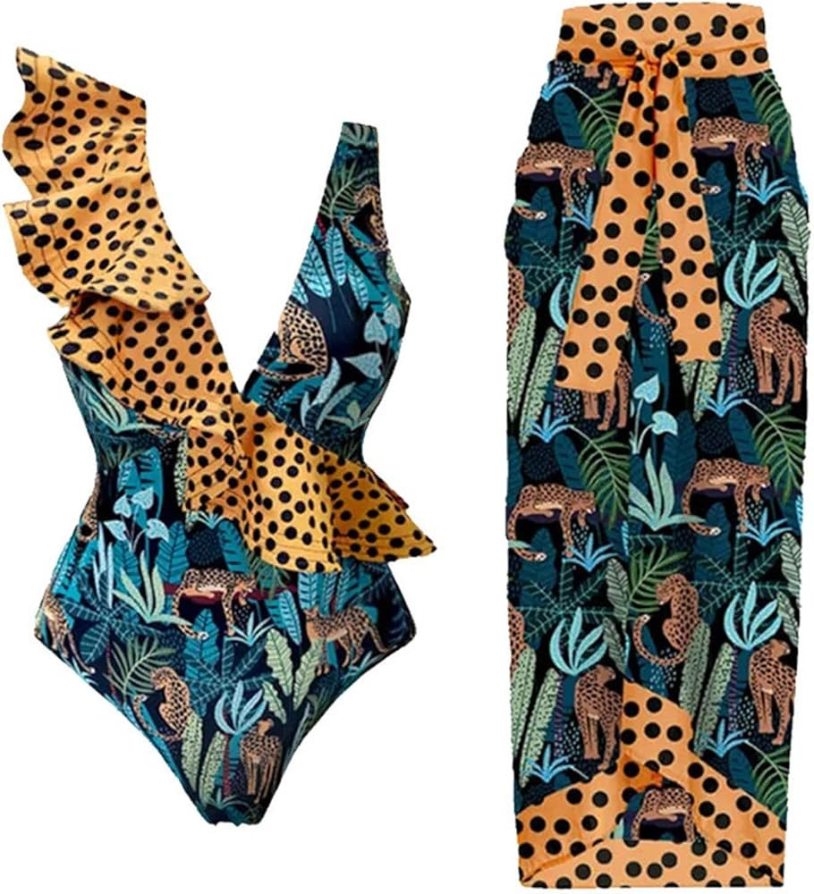 One Piece Bathing Suit for Women with Maxi Wrap Skirt 2 Piece Vintage Floral Print Swimsuit Tummy... | Amazon (US)