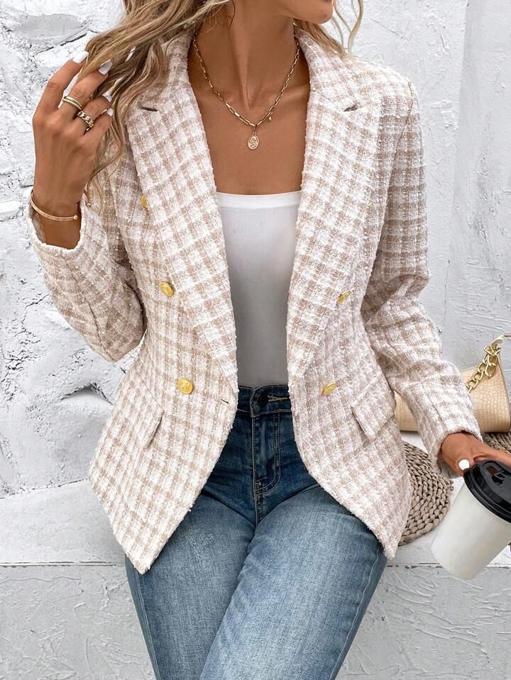 SHEIN Frenchy Plaid Pattern Double Breasted Flap Detail Blazer | SHEIN