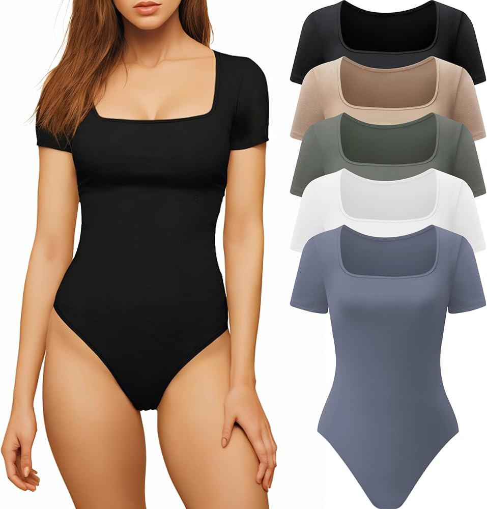 CE' CERDR Women’s 5 Pack Short Sleeve Bodysuits Square Neck T-shirt Basic Casual Tops Body suit | Amazon (US)