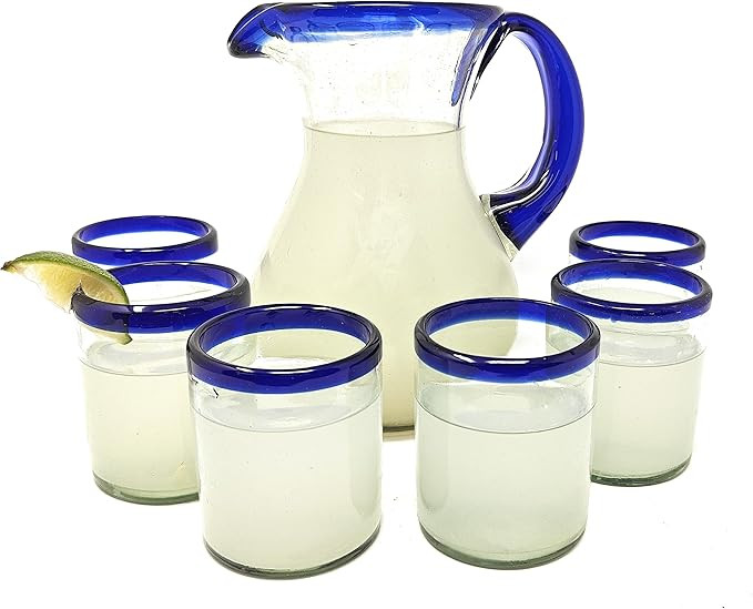 Dos Sueños Mexican Hand Blown Glass Drinkware Set - 6 Tumbler Glasses (10oz) and Pitcher (84oz) ... | Amazon (US)