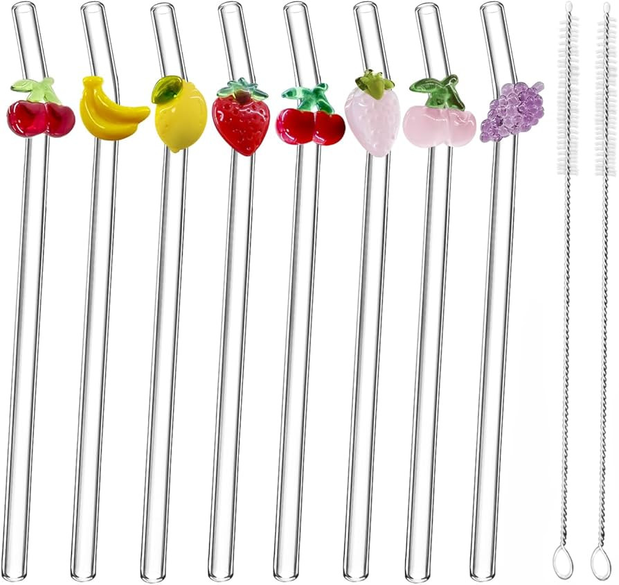 8Pcs Glass Straws With Charms,Include As A Bonus Two Straw Cleaning Brushes. (Mixed Fruit Styling... | Amazon (US)