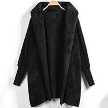 Hooded Open Front Fluffy Teddy Coat | SHEIN