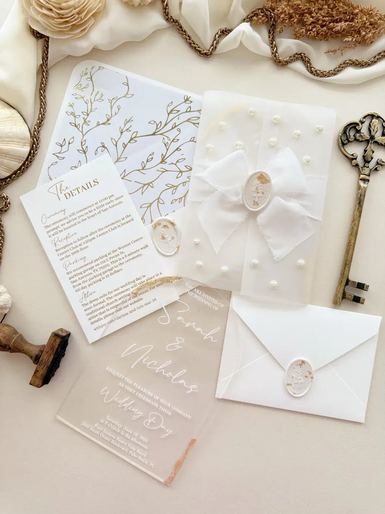 White & Gold Wedding Invitation, Bespoke Acrylic Mirror with Pearl Vellum Wrap | Etsy (Global)