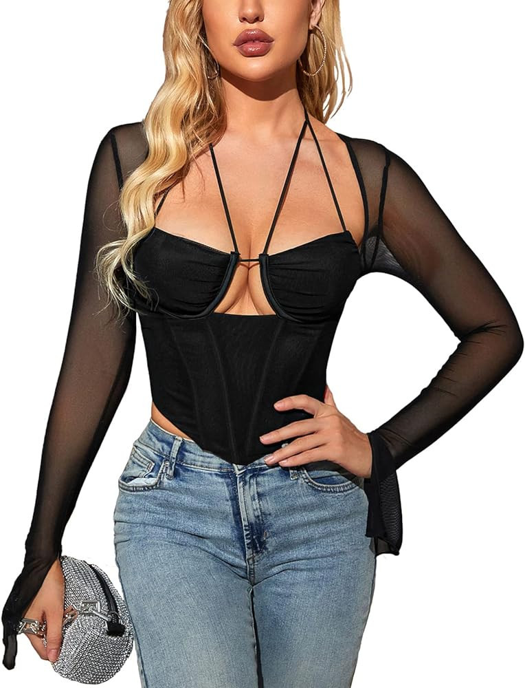 HTZMO Women's Long Sleeve Cut Out Bustier Halter Tie Up Blouse Sheer Mesh Sexy Corset Crop Top | Amazon (US)