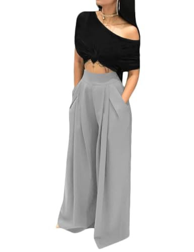 HRESSLBD Grey Wide Leg Pants for Women, Ladies Solid Colors Wide Leg Palazzo Pants for Women with Pocket (Gray, M) | Amazon (US)