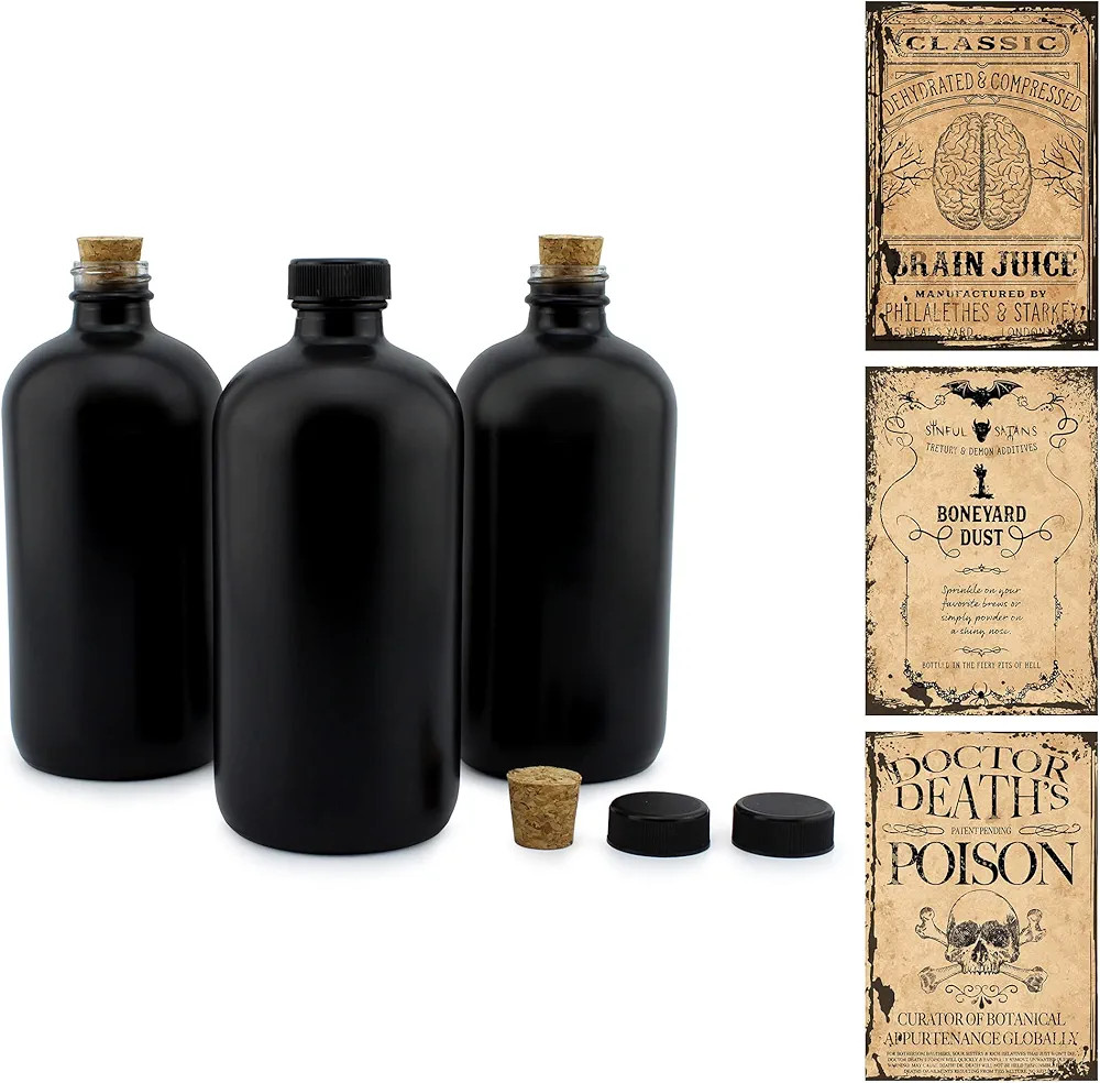 Cornucopia Brands Black 16-Ounce Glass Apothecary Bottles (3-Pack); Boston Round Bottles w/ Desig... | Amazon (US)