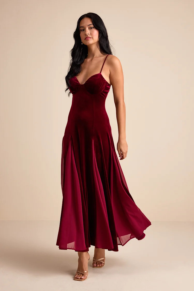 Elisha Burgundy and Red Velvet Pleated Midi Dress | Lulus