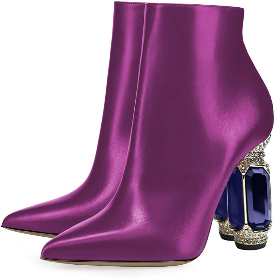 FSJ Women Chic Pointed Toe Crystal Chunky Block High Heel Ankle Boots Glossy Side Zipper Casual D... | Amazon (US)
