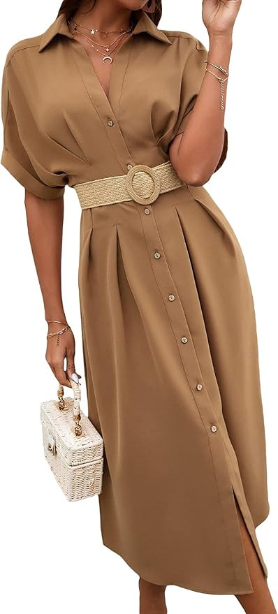 MakeMeChic Women's Batwing Sleeve Collar Button Front Split Long Flowy Dress | Amazon (US)