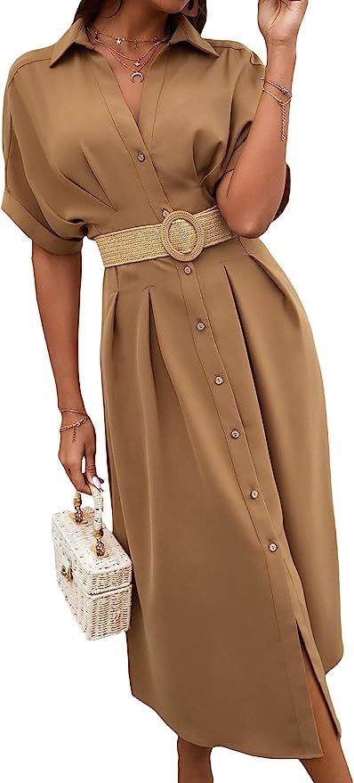 MakeMeChic Women's Batwing Sleeve Collar Button Front Split Long Flowy Dress | Amazon (US)
