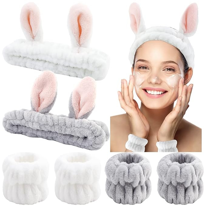 YISSION 6Pcs Face Wash Headbands and Wristbands Set Bunny Ears Spa Makeup Skincare Headbands with... | Amazon (US)