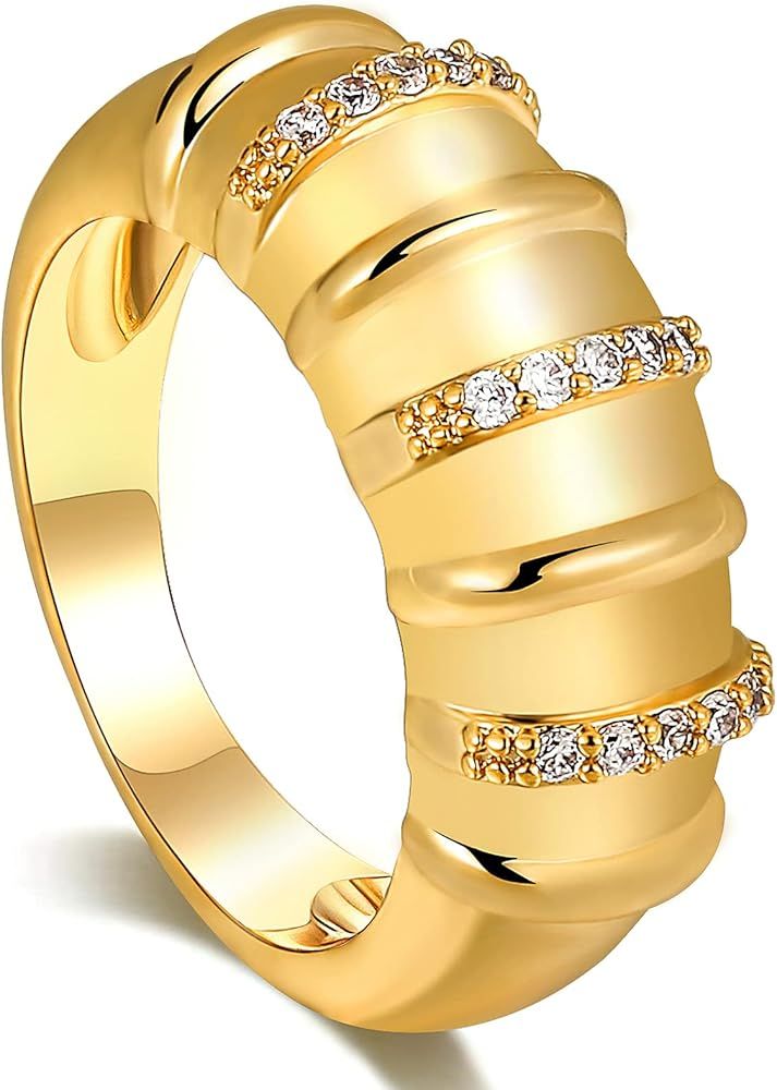 Eyreindy Thick Dome Rings for Women, Striped Chunky Gold Rings with Cubic Zirconia, 14K Gold Plated  | Amazon (US)