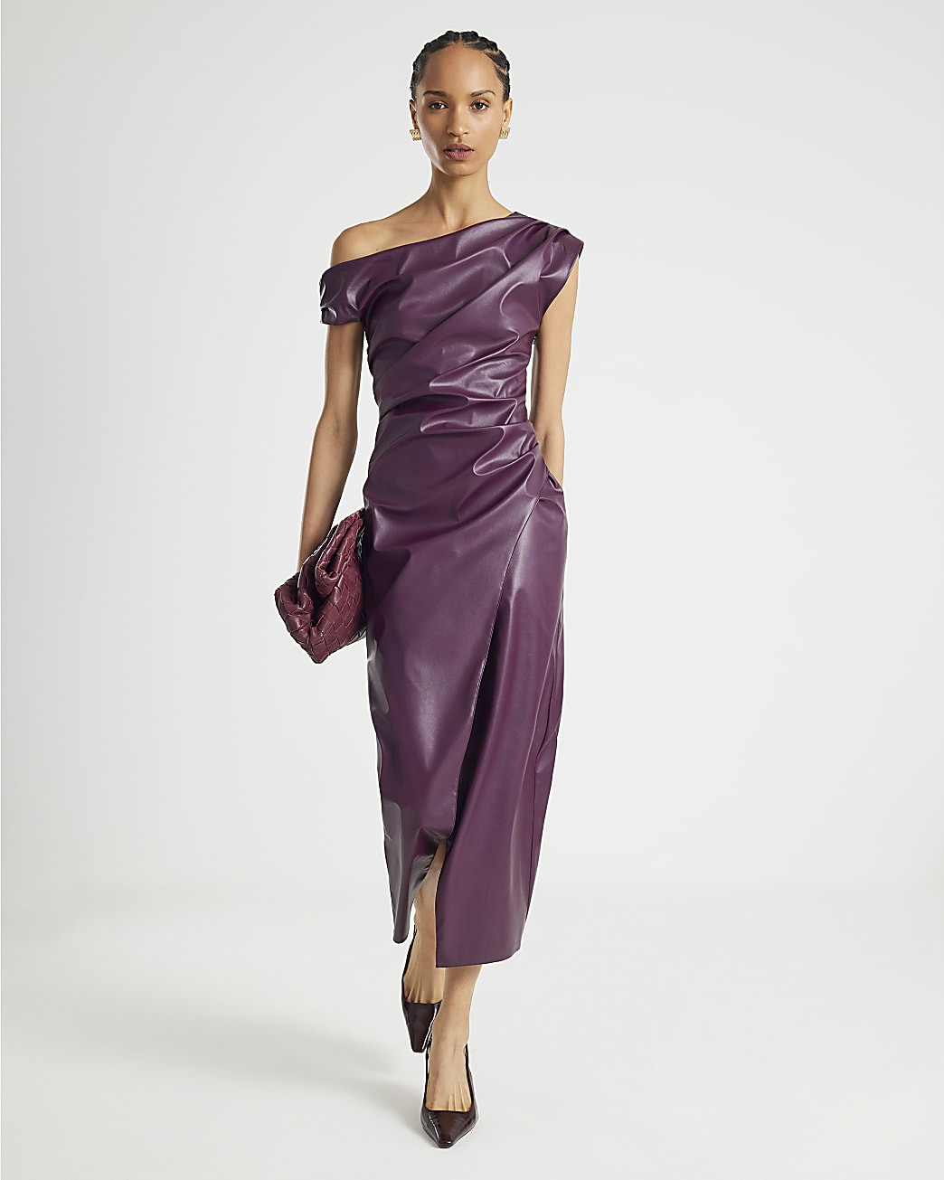 Purple Faux Leather Drape Midi Dress | River Island UK & IE