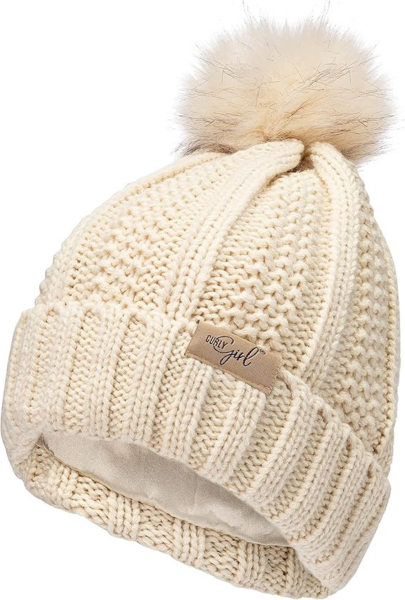 Curly Girl Satin Lined Womens Winter Knitted Beanie Hat, Warm Knit Cap Beanie, Curly Hair, Method | Amazon (US)