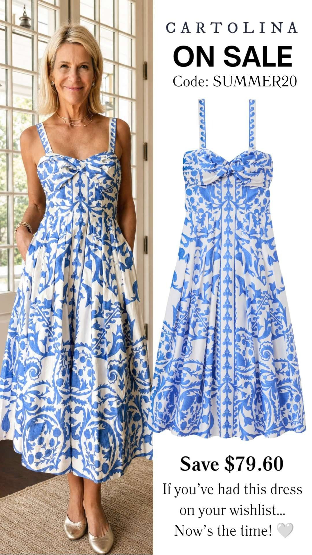 It's on sale, and with code SUMMER20, you'll save even more.

If this Cartolina dress has been sitting on your wishlist, now's the time! The beautiful blue and white print, flattering fit, and timeless silhouette make it perfect for summer weddings, vacations, brunch, or special occasions. 

❤️ Heart = Support my posts
📌 Save = Get sale & restock alerts
🛍️ Follow me on LTK for more effortless everyday style. 

 #LTKootd #LTKOver40 #LTKSaleAlert