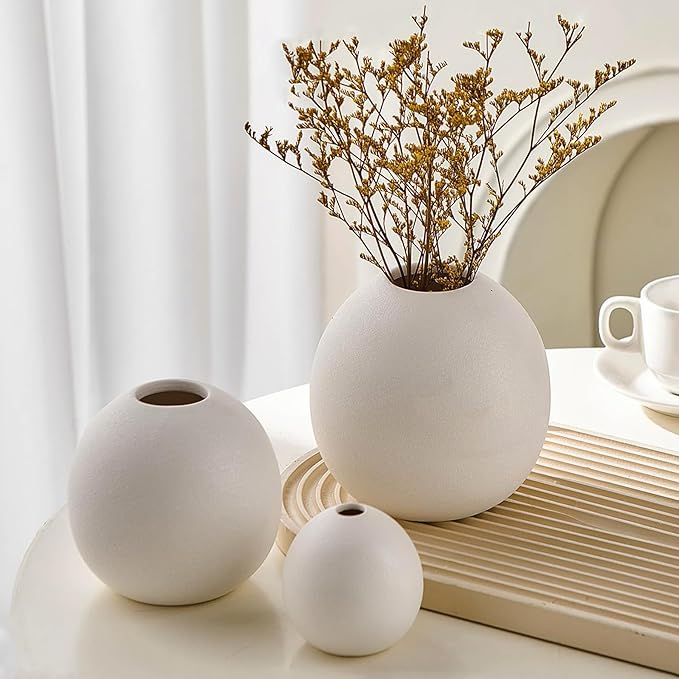Ceramic Vase Set of 3 for Modern Home Decor, Boho Vase White Round Vase Minimalist Decorative Vas... | Amazon (US)