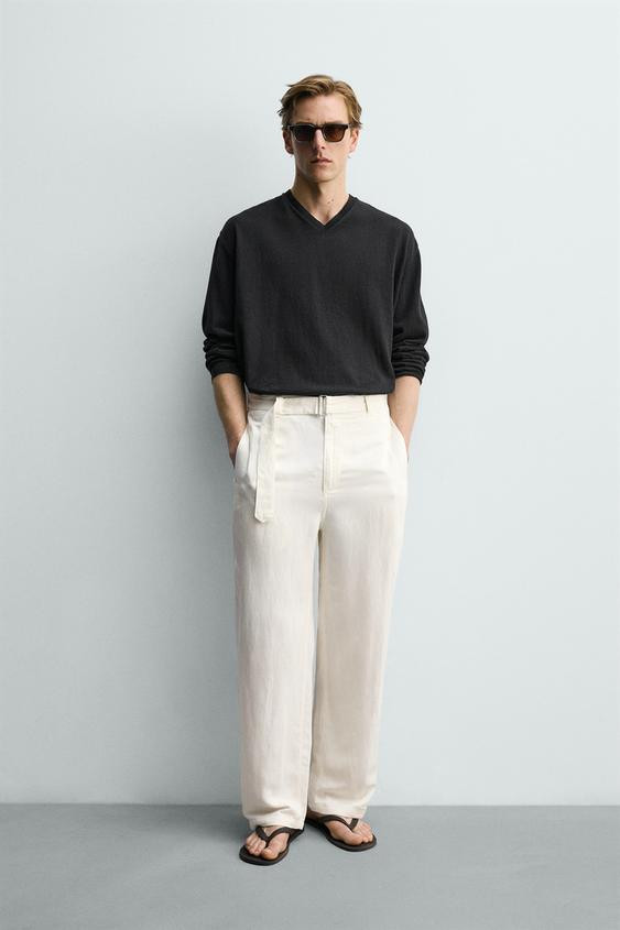 RELAXED FIT VISCOSE-LINEN BELTED PANTS | Zara US