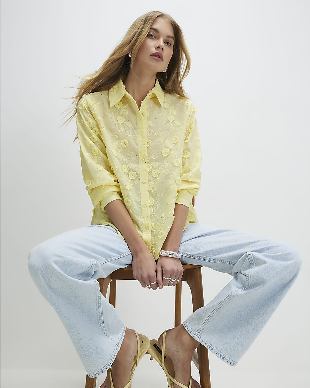 Yellow 3D Floral Embellished Shirt | River Island UK & IE
