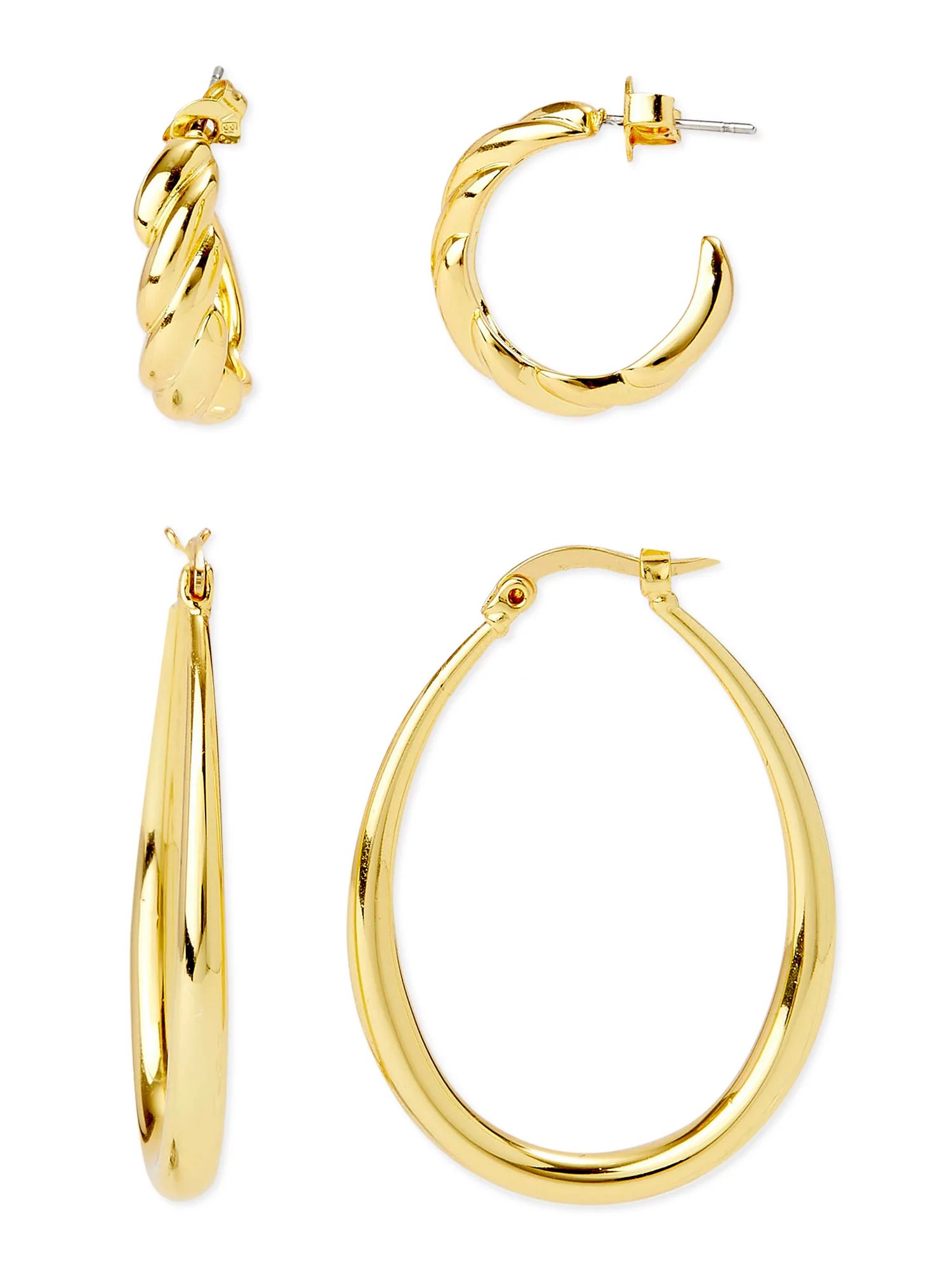 Scoop Womens Women's 14KT Gold Flash-Plated Hoop Earring Set, 2-Piece | Walmart (US)