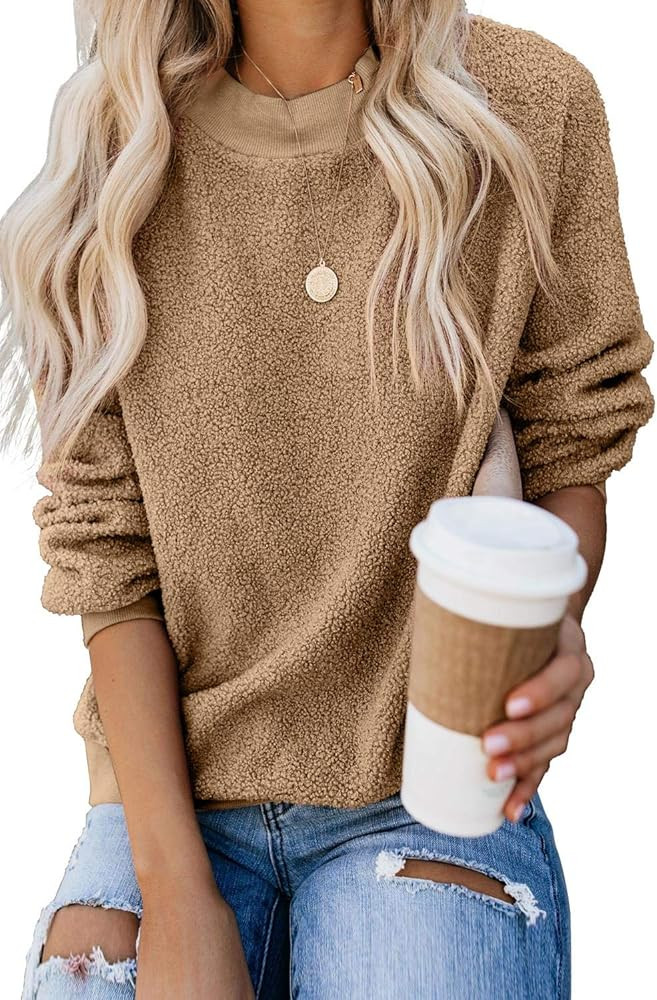 KINGFEN Long Sleeve Comfy Crewneck Sweatshirts Oversized Cozy Sherpa Fleece Pullover Winter Chunky P | Amazon (US)