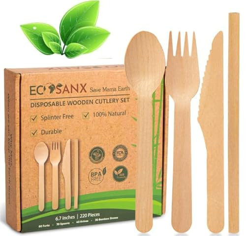Bamboo Cutlery Set - Wooden Utensils for Eating - Disposable Wooden Cutlery set of 220 (80 Forks 70 Spoons 40 Knives 30 Straws) Bamboo Disposable Utensils - ECO Friendly Compostable Utensil for Party | Amazon (US)
