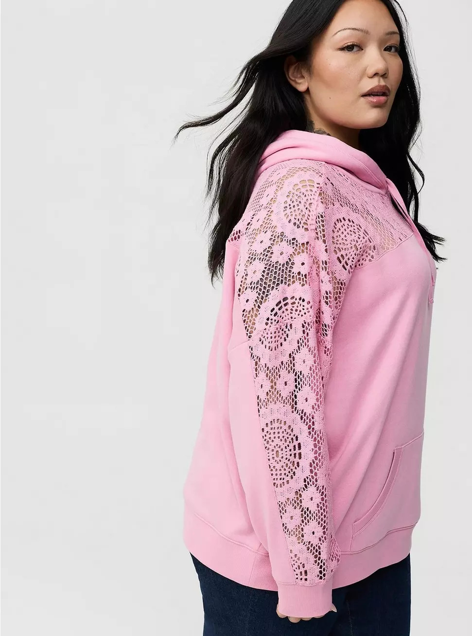 Cozy Fleece Relaxed Lace Yoke Hoodie | Torrid (US & Canada)