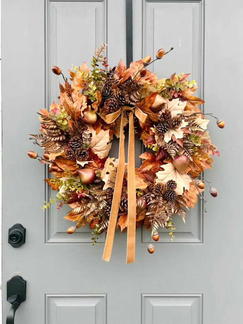 Fall Wreath for Front Door With Figs & Pinecones, Autumn Harvest Wreath With Brown Leaves, Acorns... | Etsy (Global)