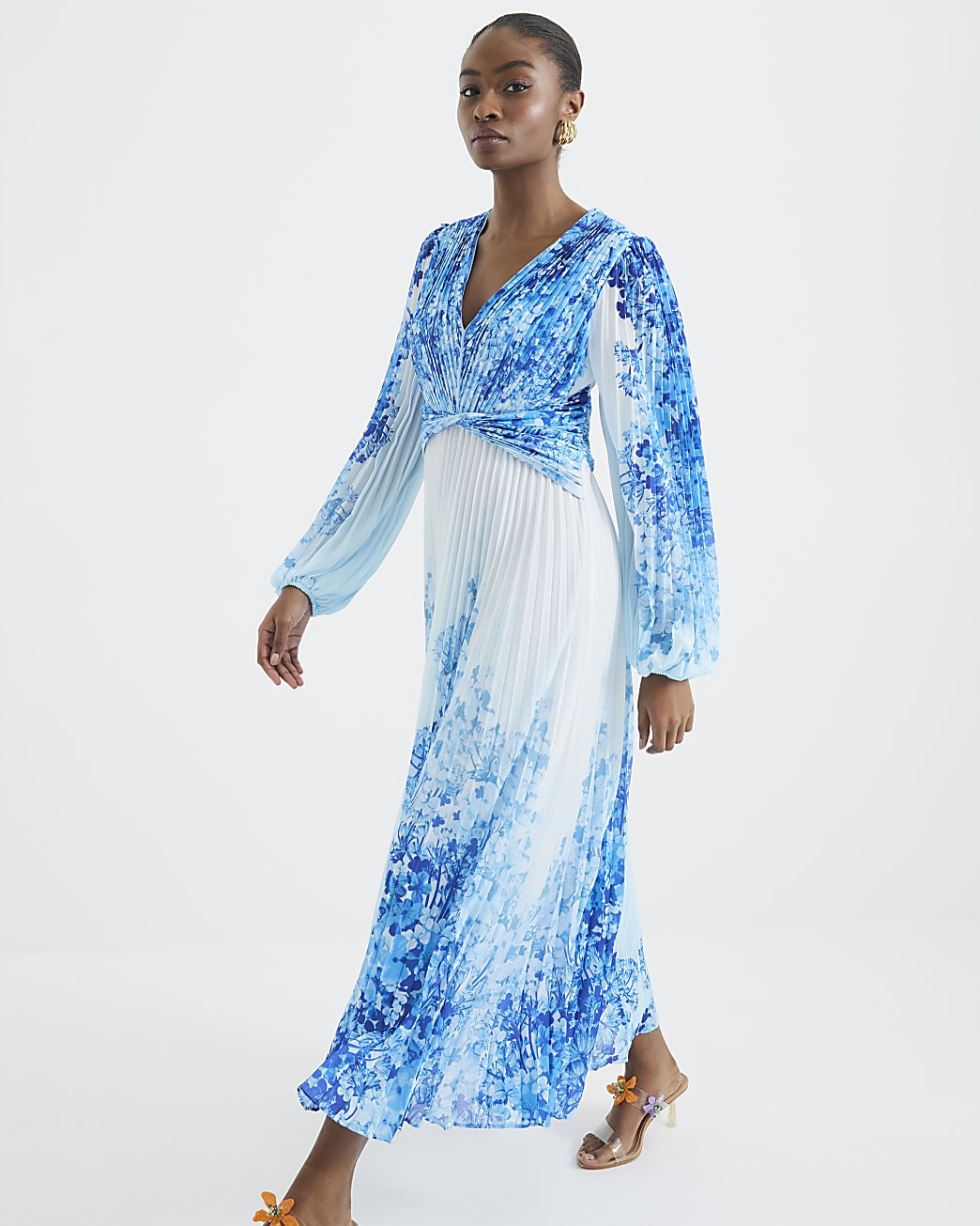 Blue Floral Print Plisse Maxi Dress | River Island UK & IE