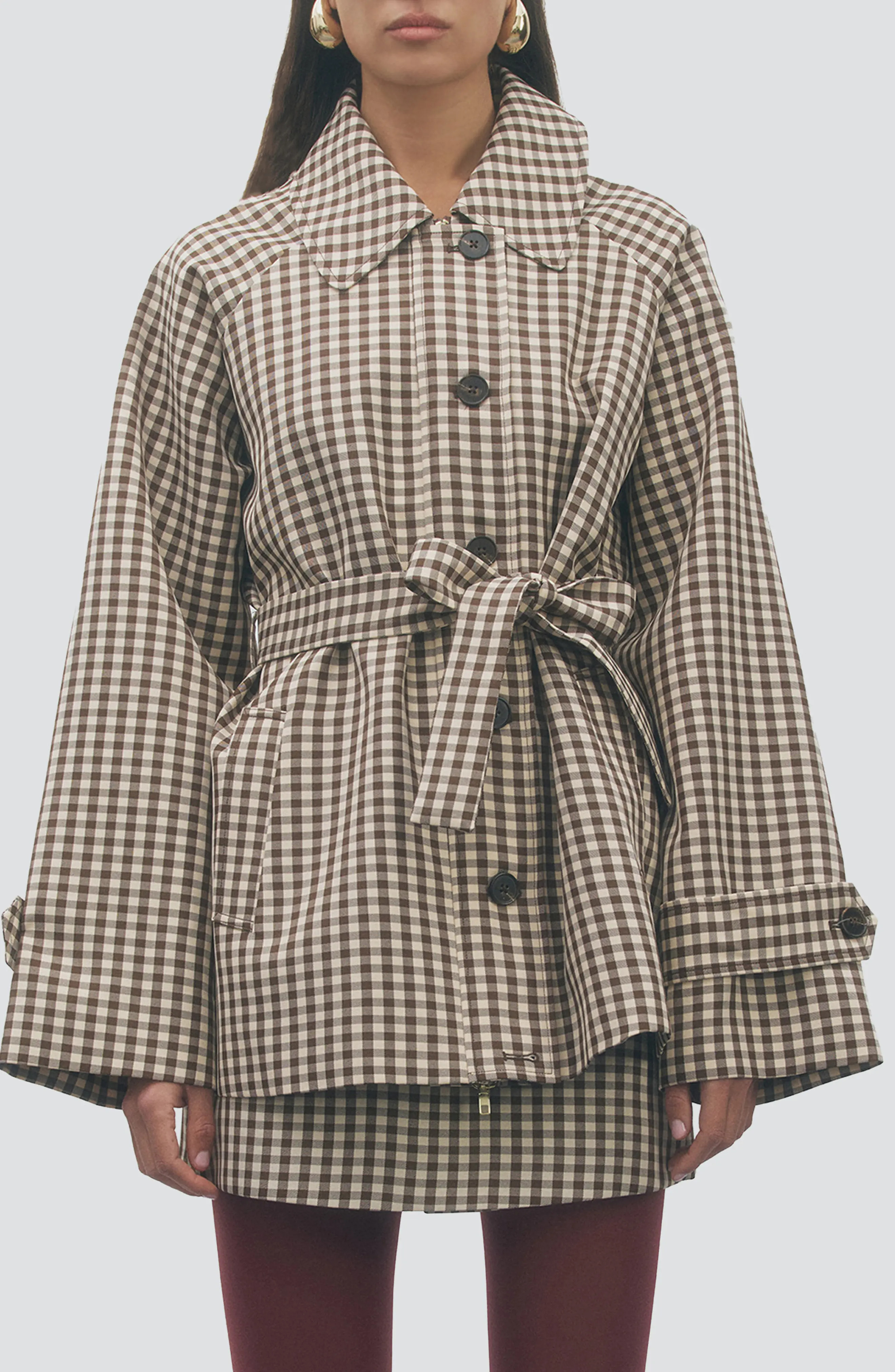 MAUDE CLUB Clarke Gingham Trench Jacket in Brown Beige at Nordstrom, Size Small | Nordstrom