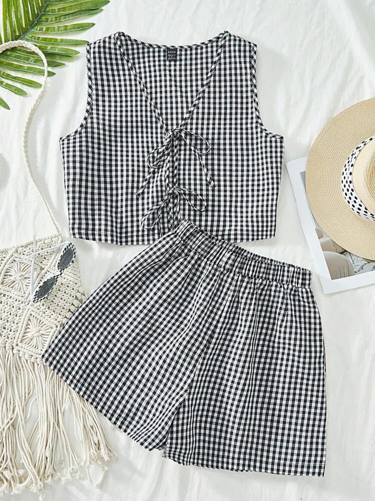 SHEIN VCAY Casual Woven Plaid Pattern Tank Top & High Waist Loose Shorts Women's Two Pieces Set | SHEIN