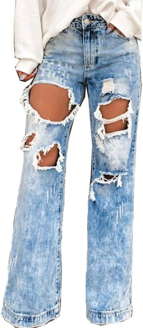 utcoco Ripped Distressed Wide Leg Jeans for Women Retro Loose Fit Baggy Denim Pants | Amazon (US)