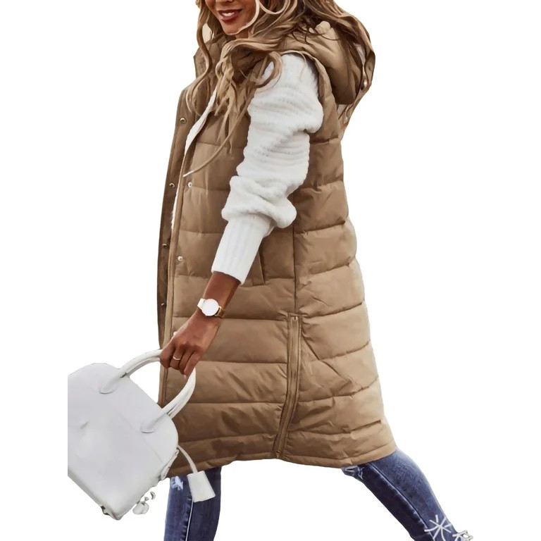 AMILIEe Women's Long Down Vest Zipper Puffer Sleeveless Thick Hooded Jackets Quilted Gilets Coats | Walmart (US)